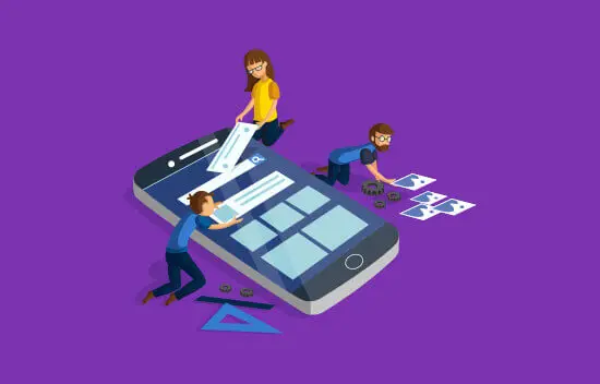 A team of professionals focused on their smartphones, sharing ideas