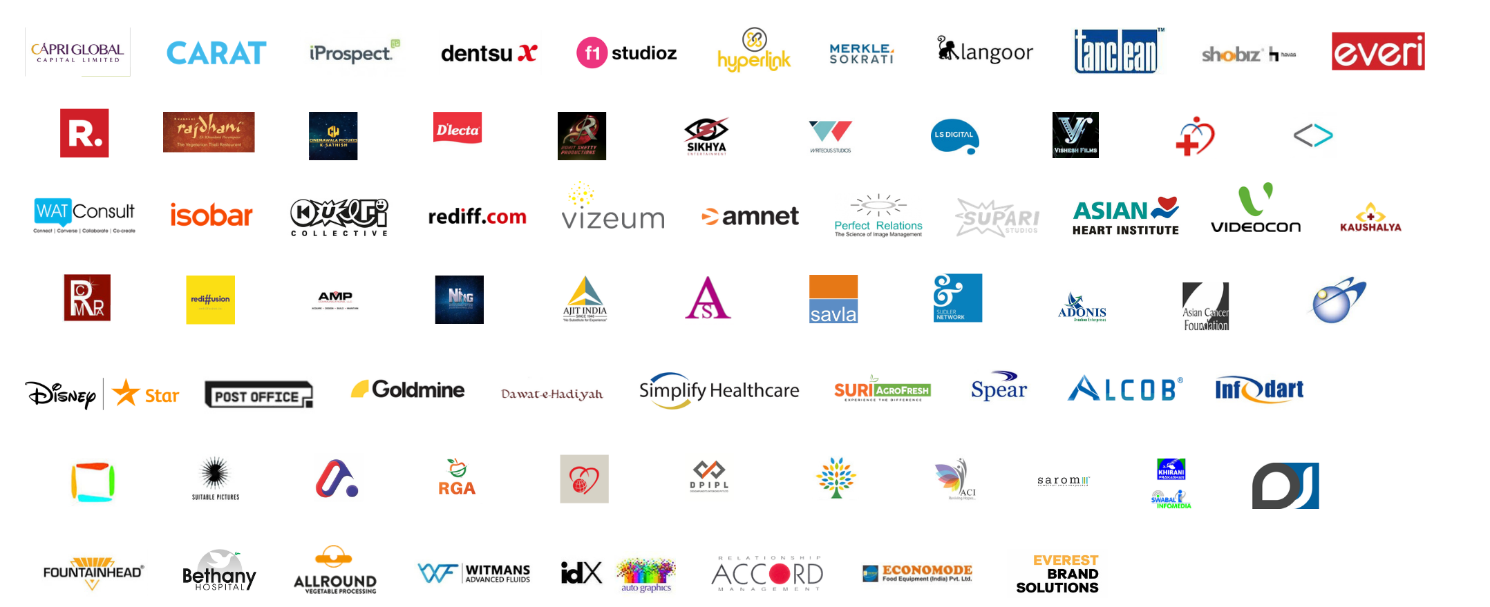 Logo wall of Bigsun client companies including Carat, iProspect, Dentsu, Merkle Sokrati, Republic TV, LS Digital, WATConsult, rediff.com, Vizeum, Amnet, DBS, Disney Star, Post Office, Goldmine, Asian Heart Institute, Everest Brand Solutions, Videocon and many more